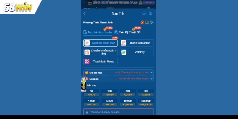 3 phương thức nạp tiền 58WIN an toàn